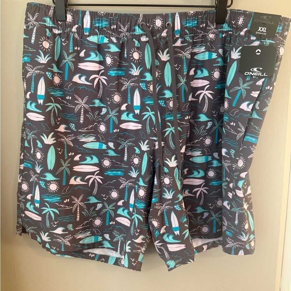 O'Neill Men's Surf Print Board Shorts - Gray and Teal XXL